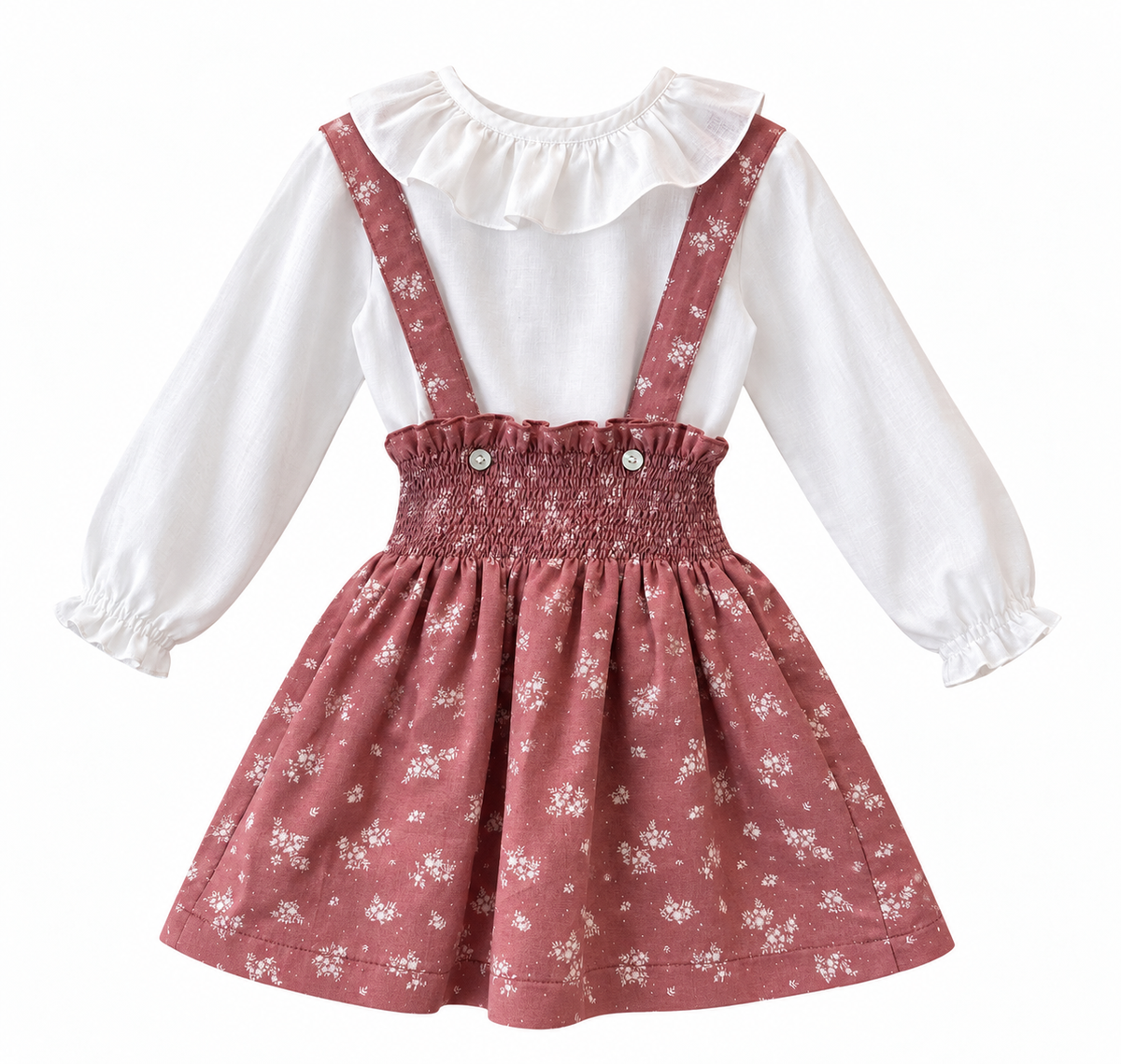 Falda frunces tirantes rosa flor blanca