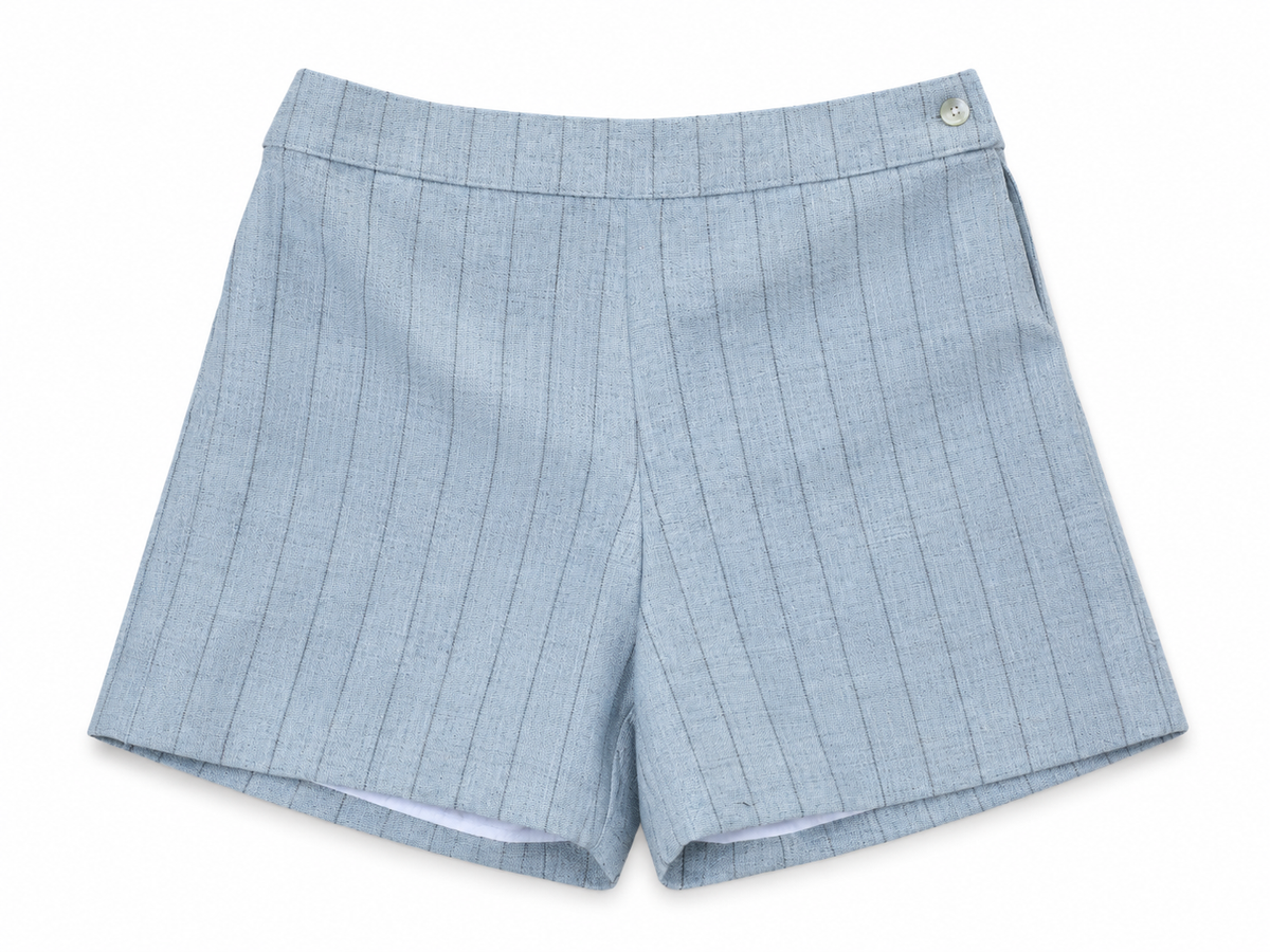 PANTALÓN CORTO AZUL GRISÁCEO RAYA GRIS