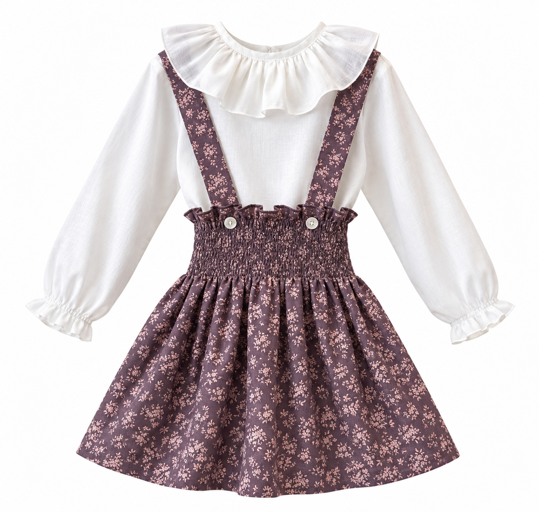 Falda frunces tirantes morada flor blanca