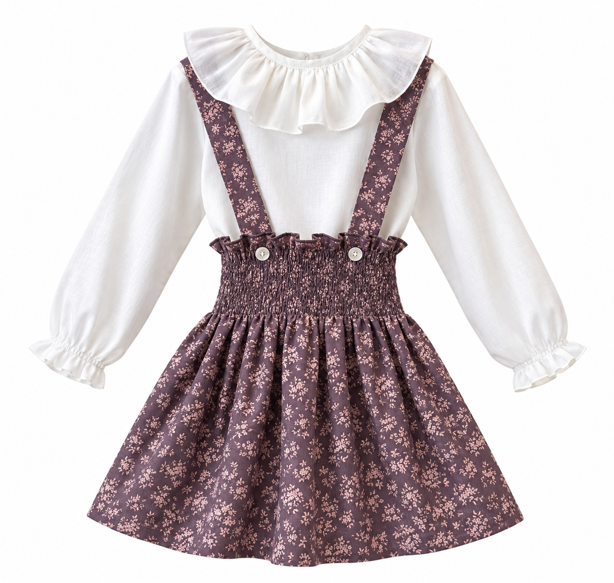 Falda frunces tirantes morada flor blanca