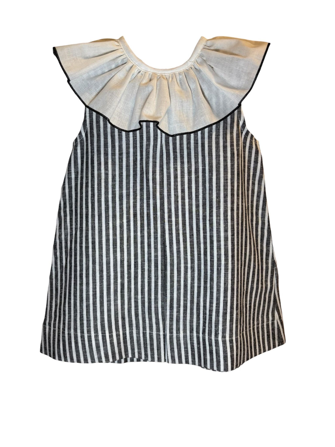 VESTIDO BABET LINO RAYA NEGRA VOLANTON SIN MANGAS